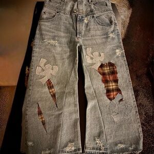 Distressed Gray Jeans with Plaid Patches